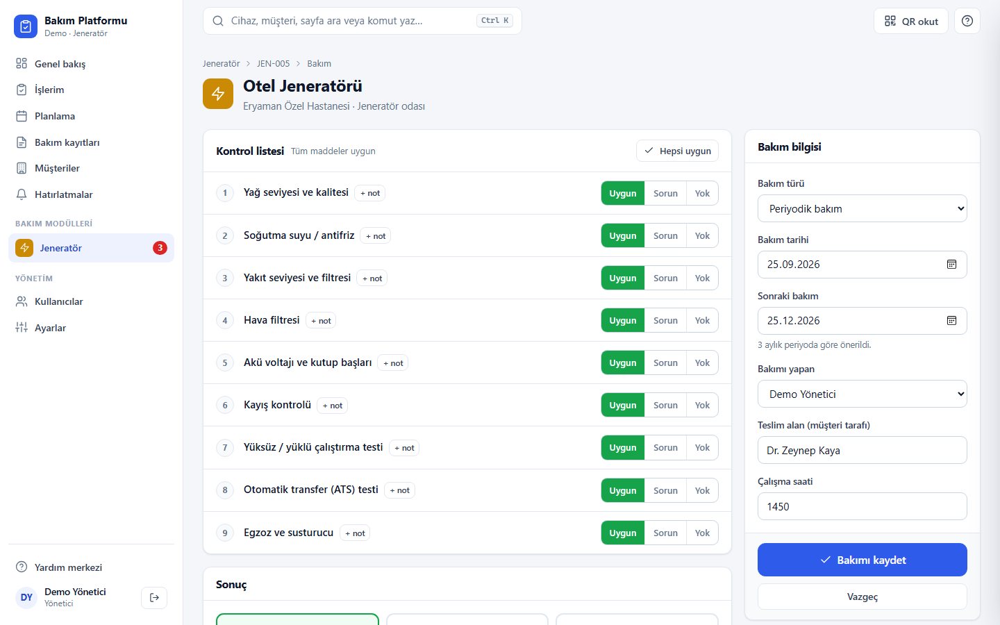 Jeneratör Bakım Takip — bakım formu · kontrol listesi