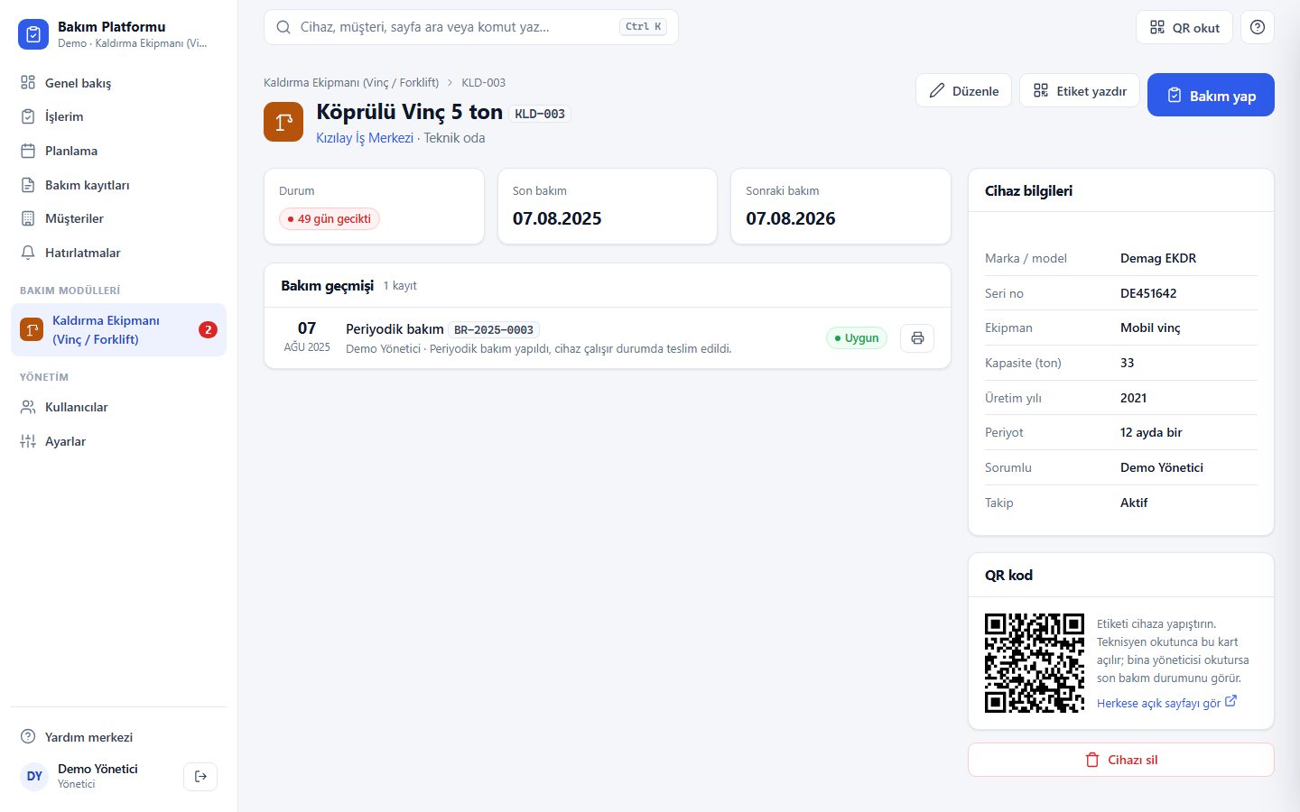 Kaldırma Ekipmanı Kontrol Takip — cihaz kartı ve QR kod