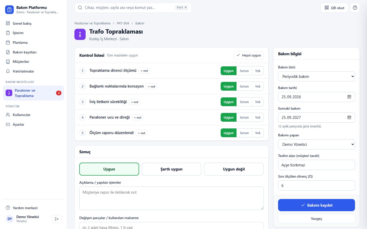 Paratoner ve Topraklama Ölçüm Takip — bakım formu · kontrol listesi