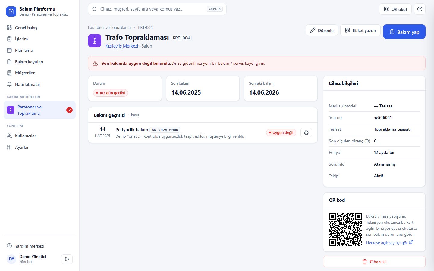 Paratoner ve Topraklama Ölçüm Takip — cihaz kartı ve QR kod