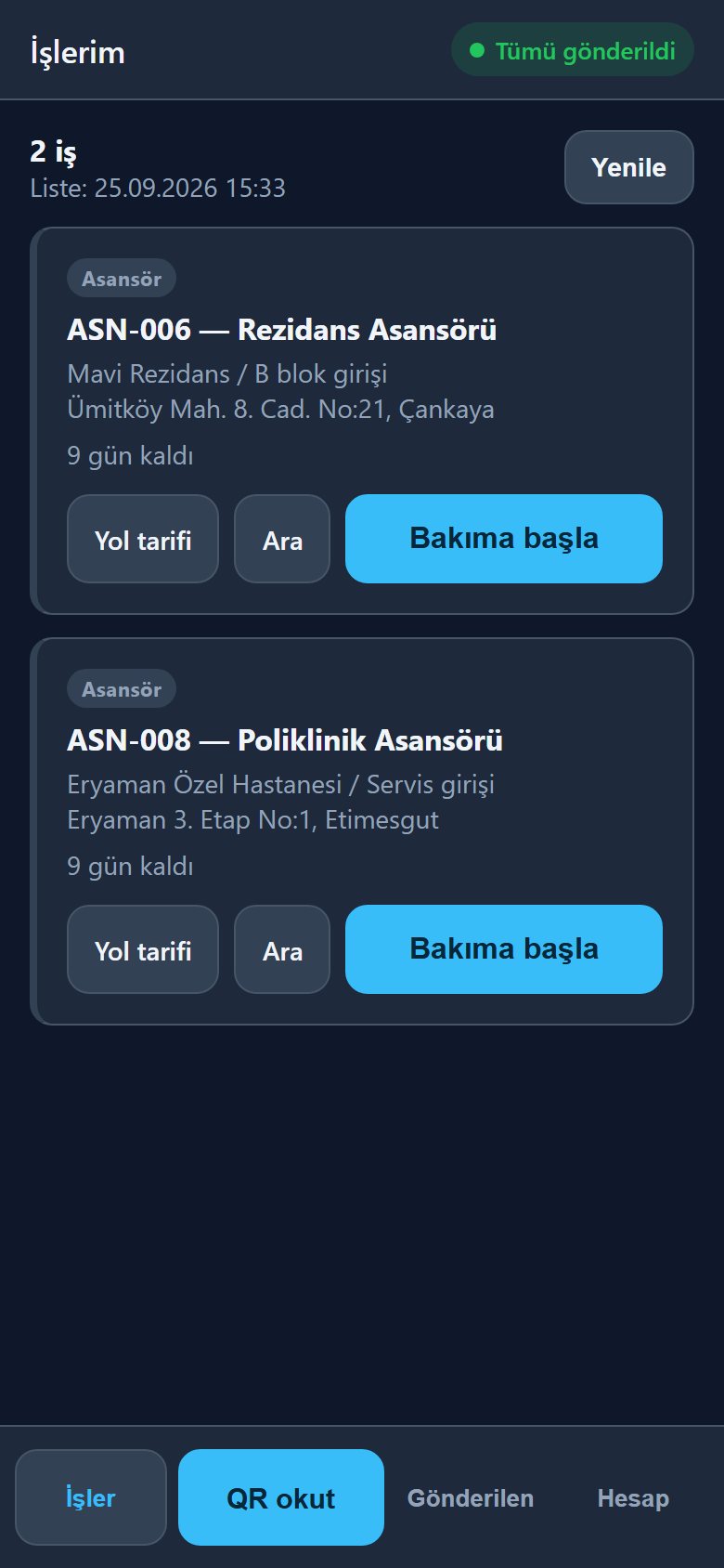 Teknik Servis Bakım Platformu — saha uygulaması · işlerim